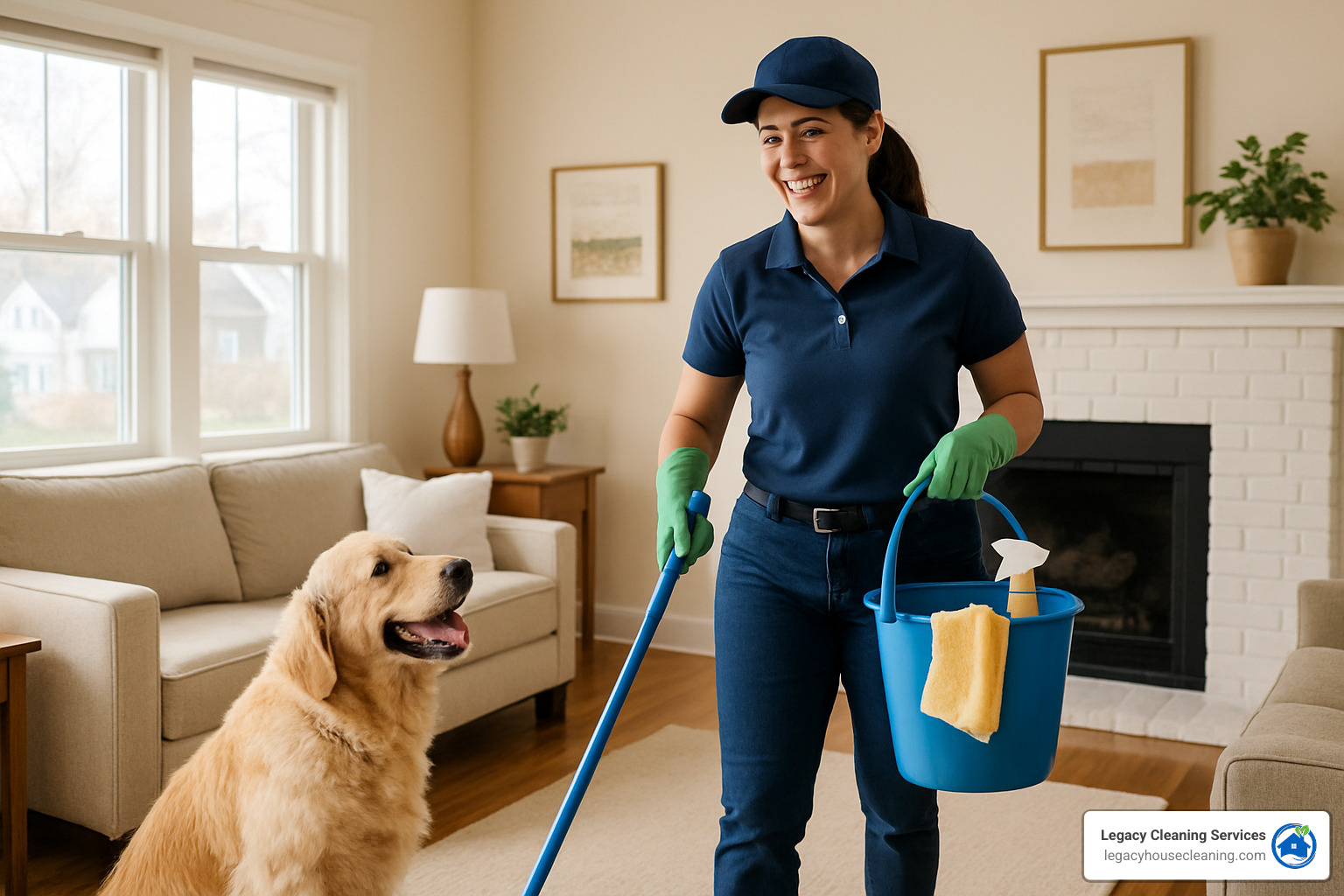 professional cleaner working alongside a happy family pet in a Madison home - best cleaning service madison wi