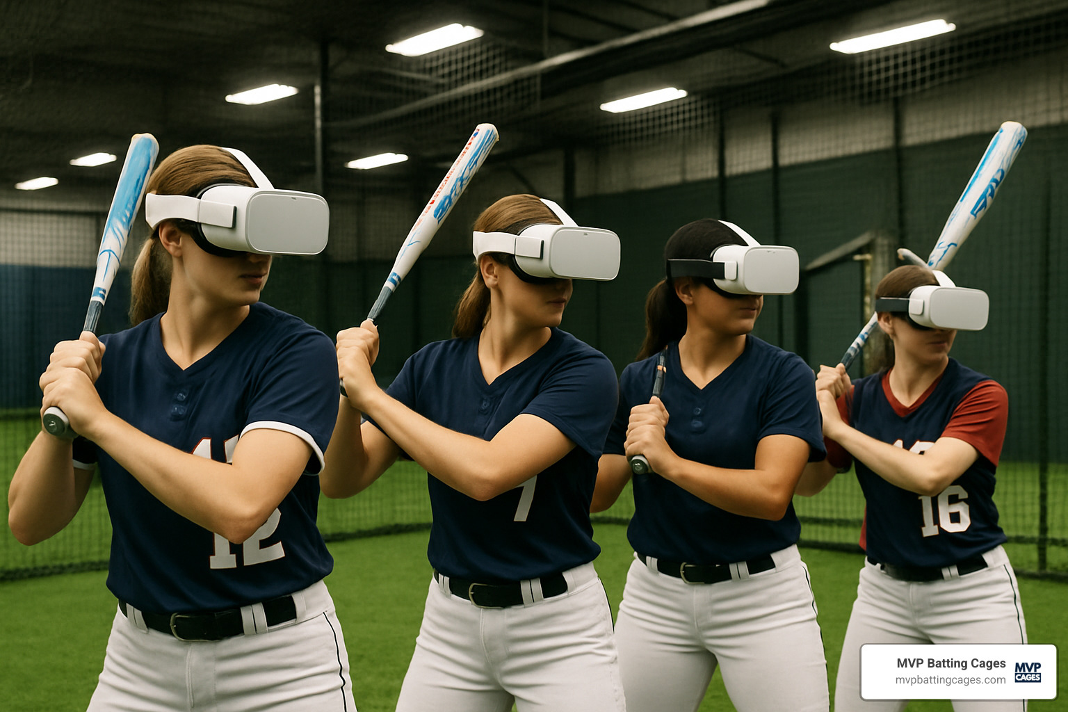 players using VR training technology - indoor softball practice