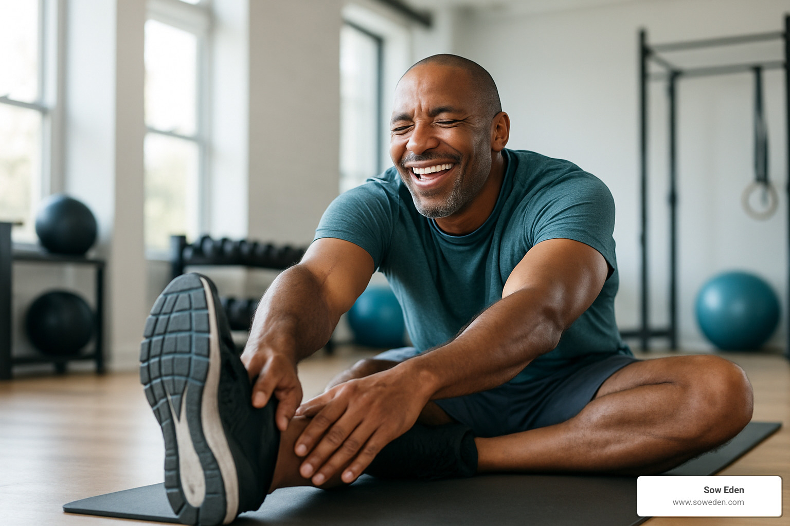 Relaxed person stretching after workout, demonstrating pain relief - cbg oil for pain