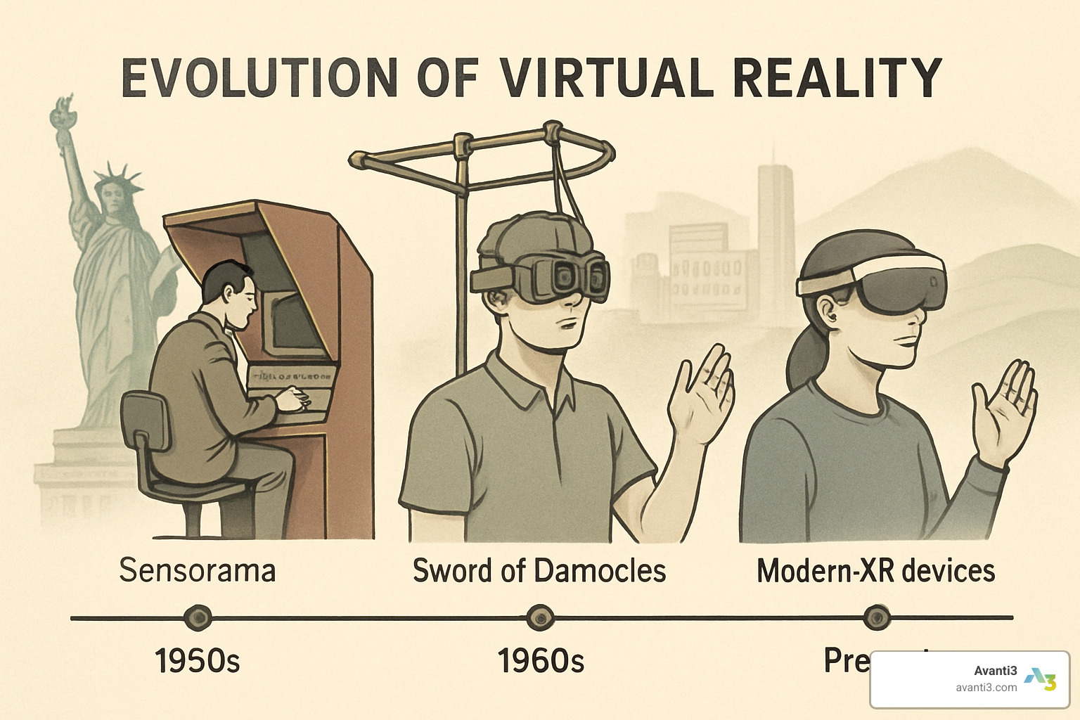 Timeline showing VR evolution from 1950s Sensorama to modern XR - virtual reality solutions