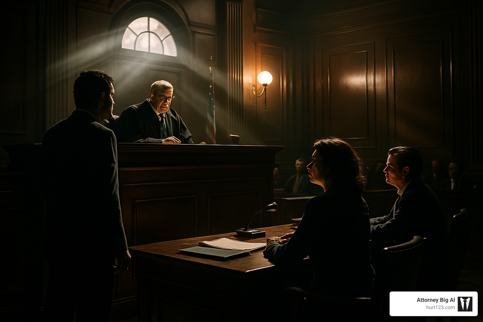 Courtroom scene with dramatic lighting highlighting legal proceedings - lawyer hollywood