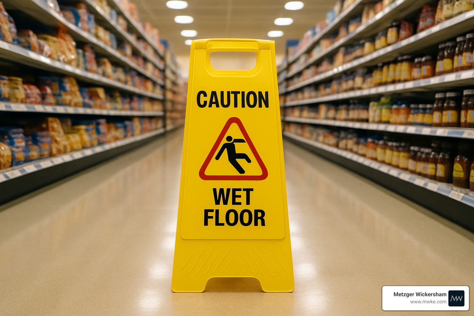 caution wet floor sign in store aisle - slip and fall attorney consultation