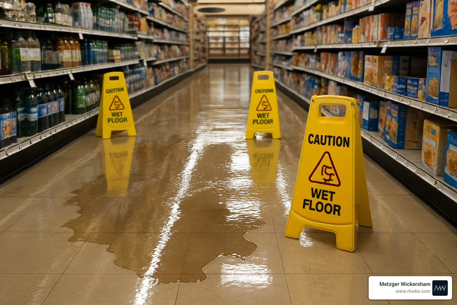 wet grocery store aisle with spilled liquid - slip and fall attorney consultation
