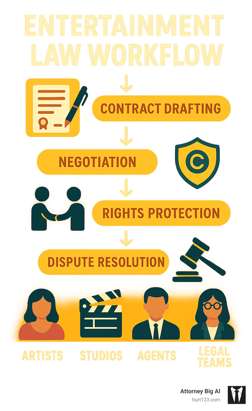 Infographic showing the entertainment law workflow from contract drafting through negotiation, rights protection, dispute resolution, and final deal execution with key stakeholders including artists, studios, agents, and legal teams - lawyer hollywood infographic