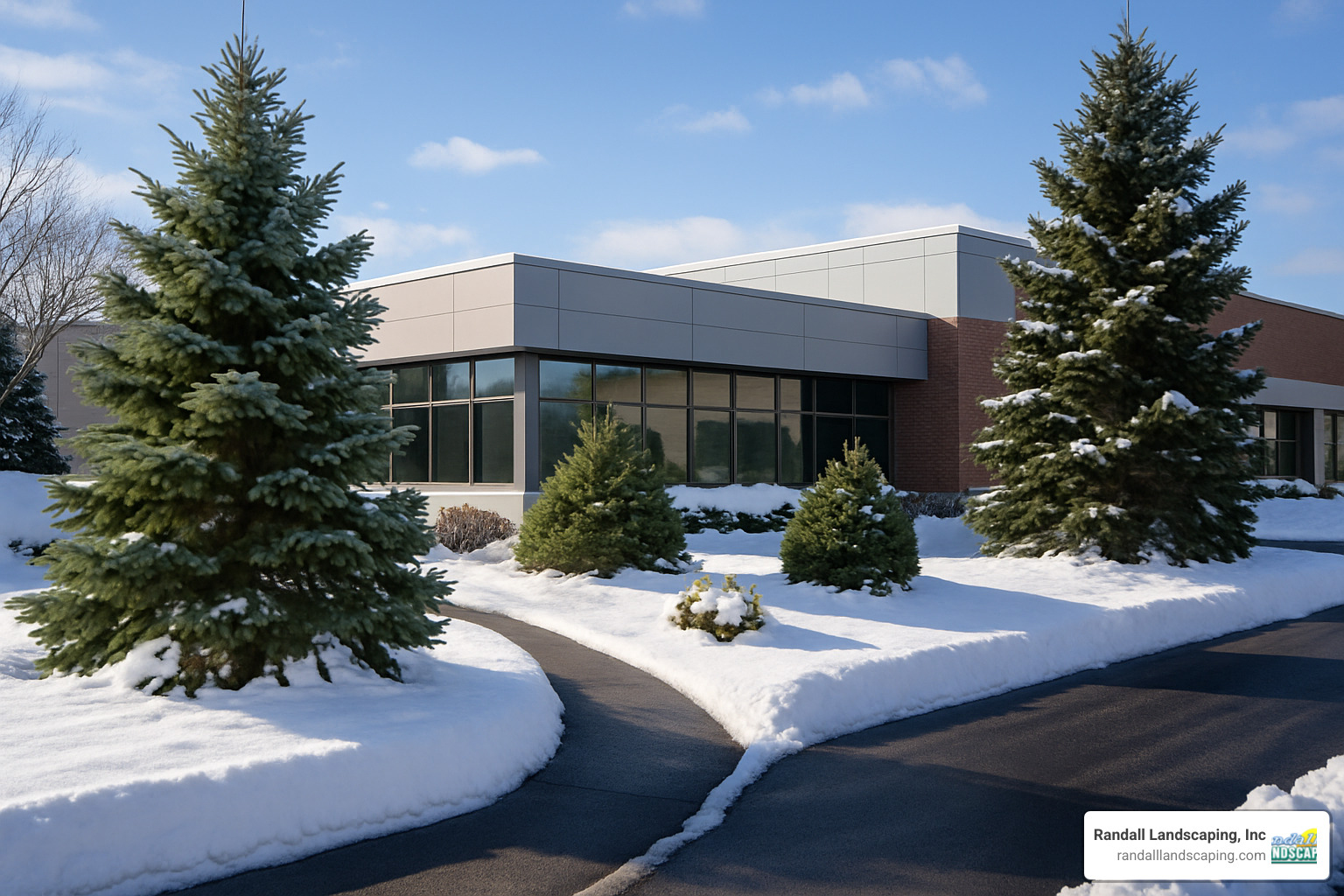 Commercial landscape showing seasonal winter interest with evergreen plantings and snow management - commercial landscape designs