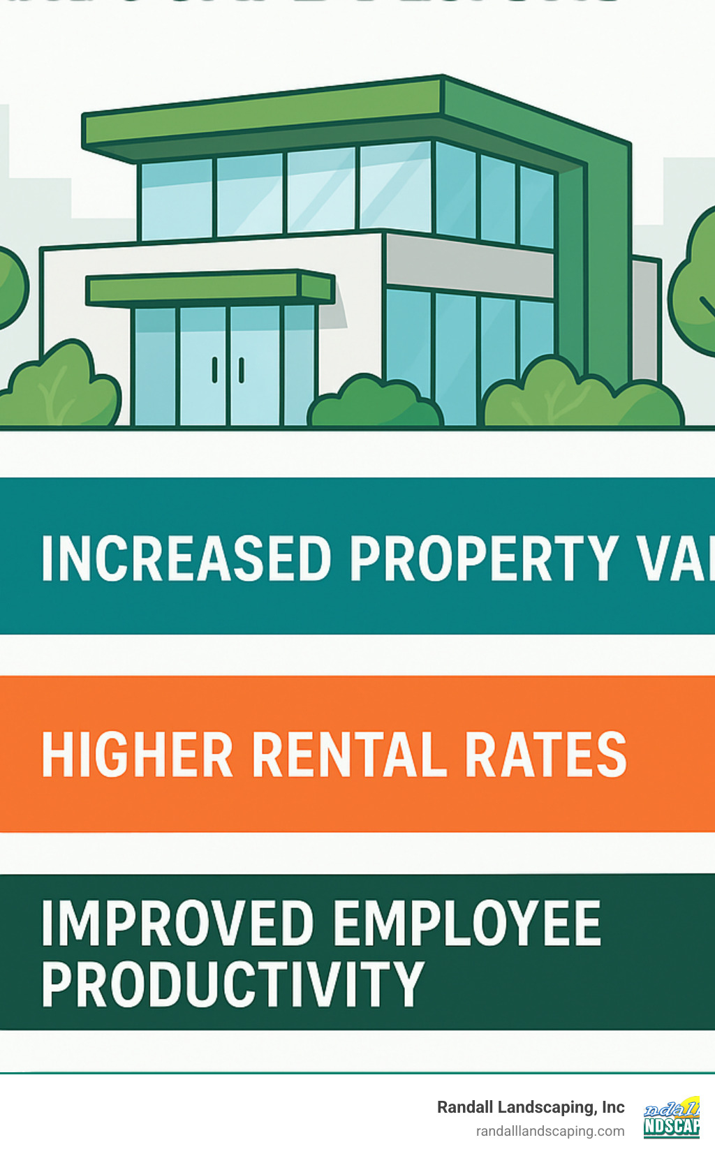 Infographic showing ROI benefits of commercial landscape designs including increased property values, higher rental rates, improved employee productivity, and improved customer spending in well-landscaped business districts - commercial landscape designs infographic 