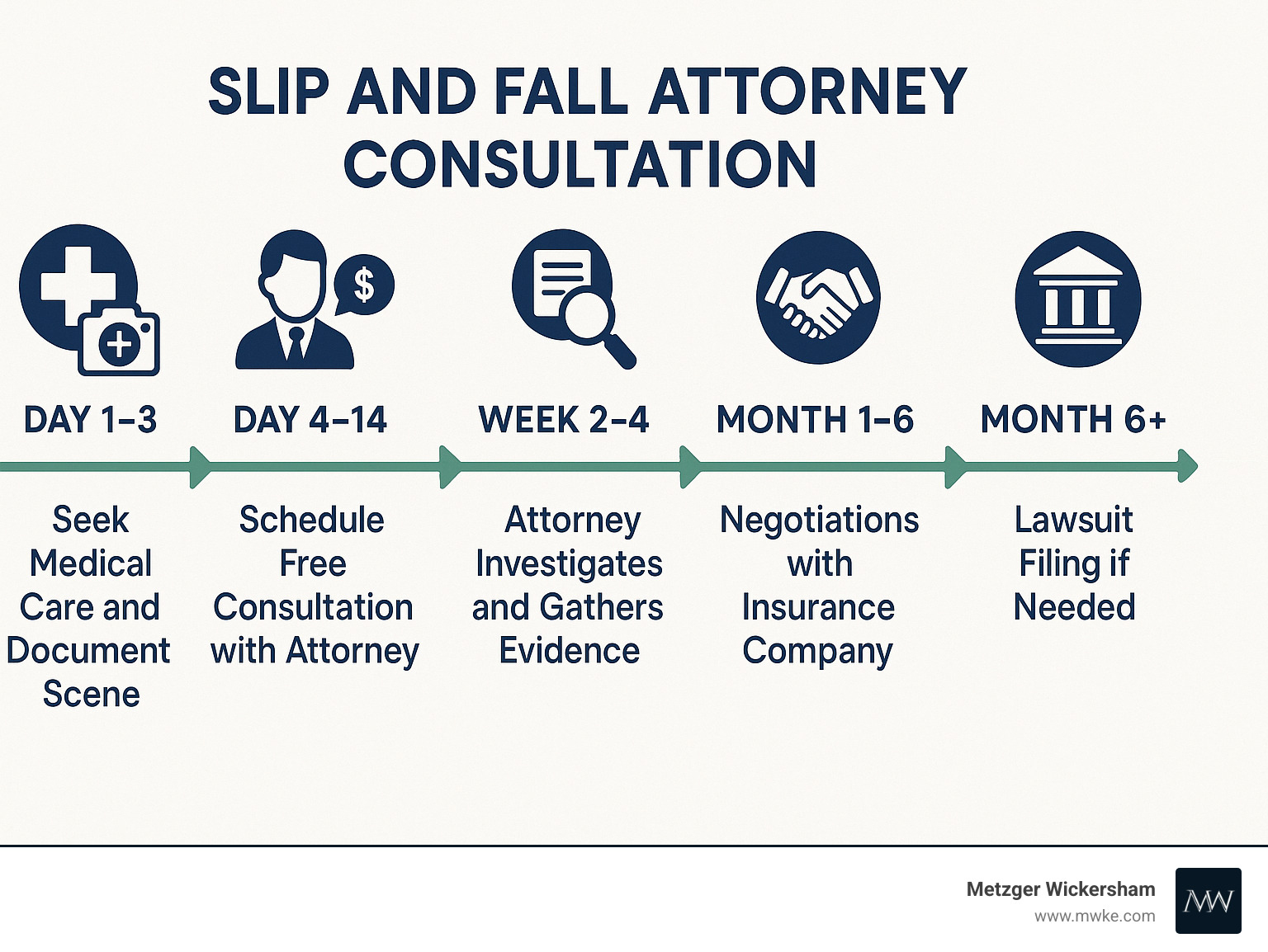 Infographic showing slip and fall attorney consultation timeline: Day 1-3 seek medical care and document scene, Day 4-14 schedule free consultation with attorney, Week 2-4 attorney investigates and gathers evidence, Month 1-6 negotiations with insurance company, Month 6+ lawsuit filing if needed - slip and fall attorney consultation infographic 