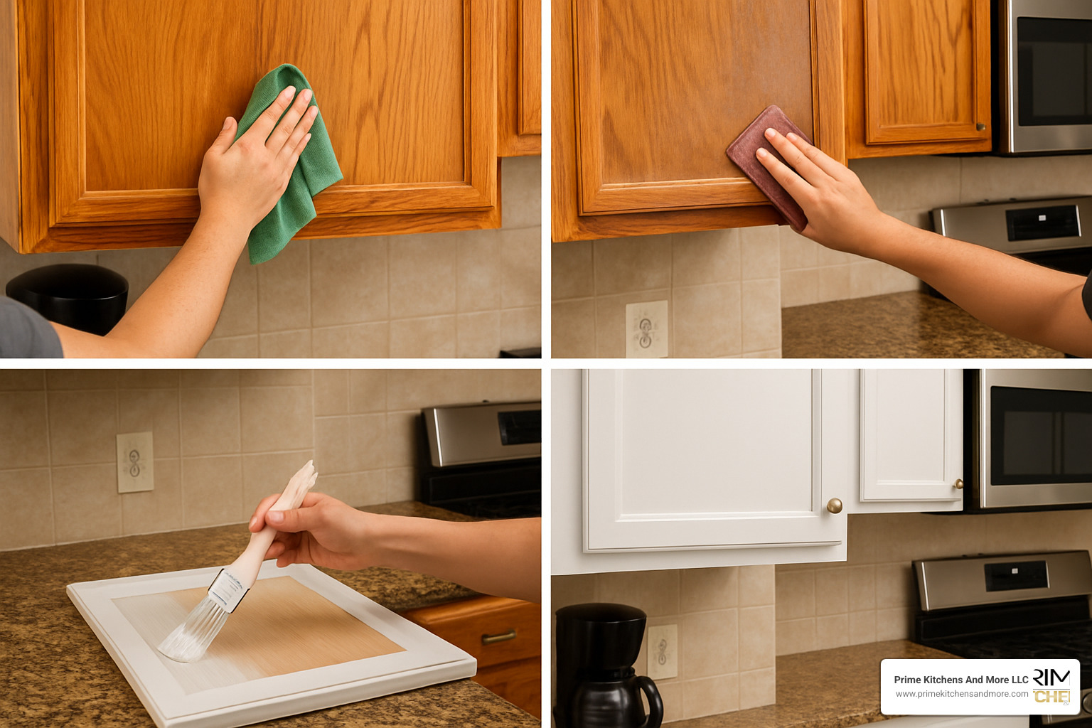 Step-by-step cabinet painting and refinishing process showing change from old to new - used kitchen cabinets orlando
