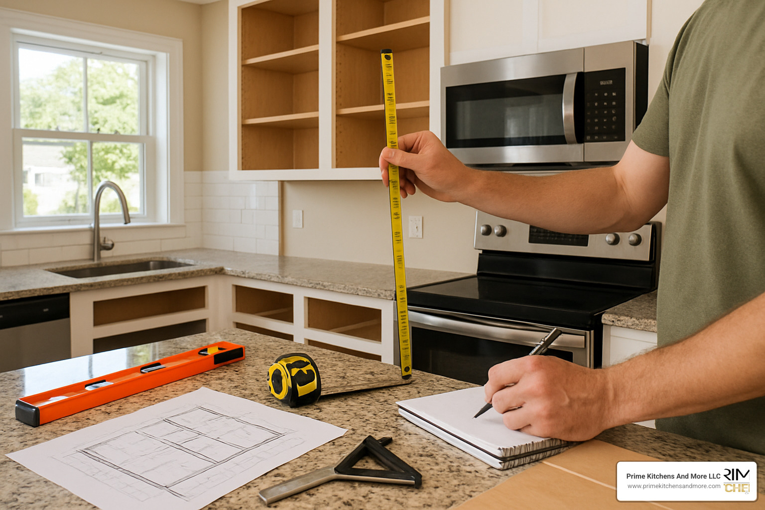 Detailed measuring tools and cabinet layout planning for Orlando kitchen renovation - used kitchen cabinets orlando