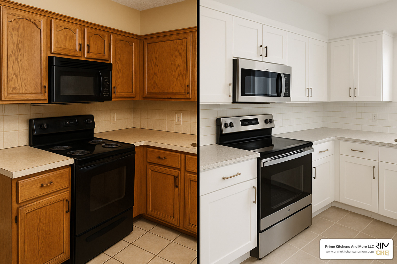 Side-by-side comparison of kitchen before and after using refinished used cabinets - used kitchen cabinets orlando