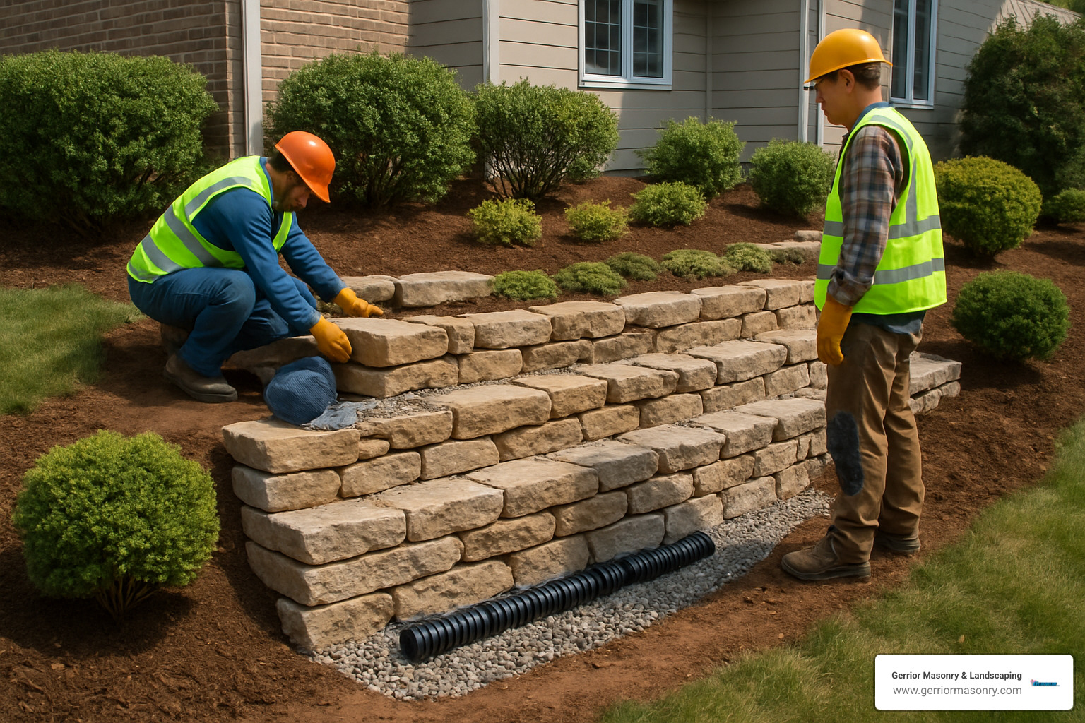 Professional installation of a multi-tiered retaining wall with natural stone, showing proper drainage and landscaping integration - what is hardscaping