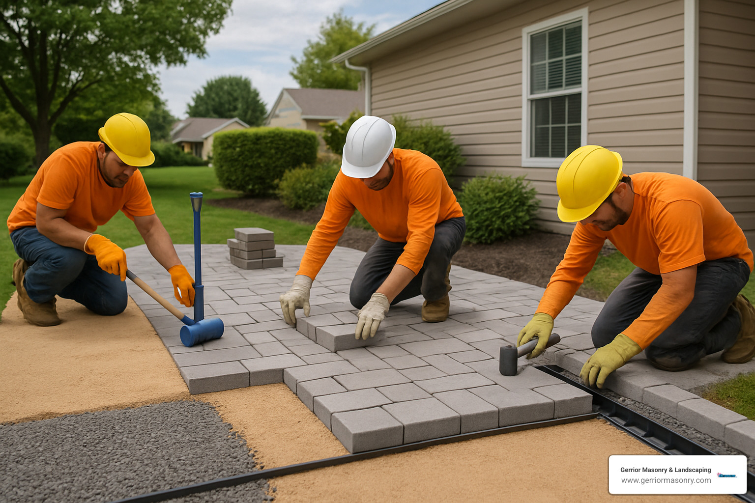 Professional crew installing interlocking pavers with proper base preparation and edge restraints visible - what is hardscaping