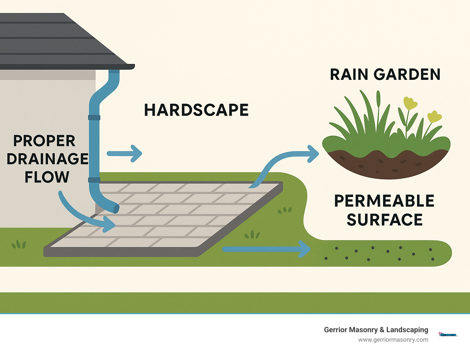 Detailed infographic showing proper drainage flow from house gutters through hardscape features to rain gardens and permeable surfaces, with arrows indicating water movement and key components labeled - what is hardscaping infographic 