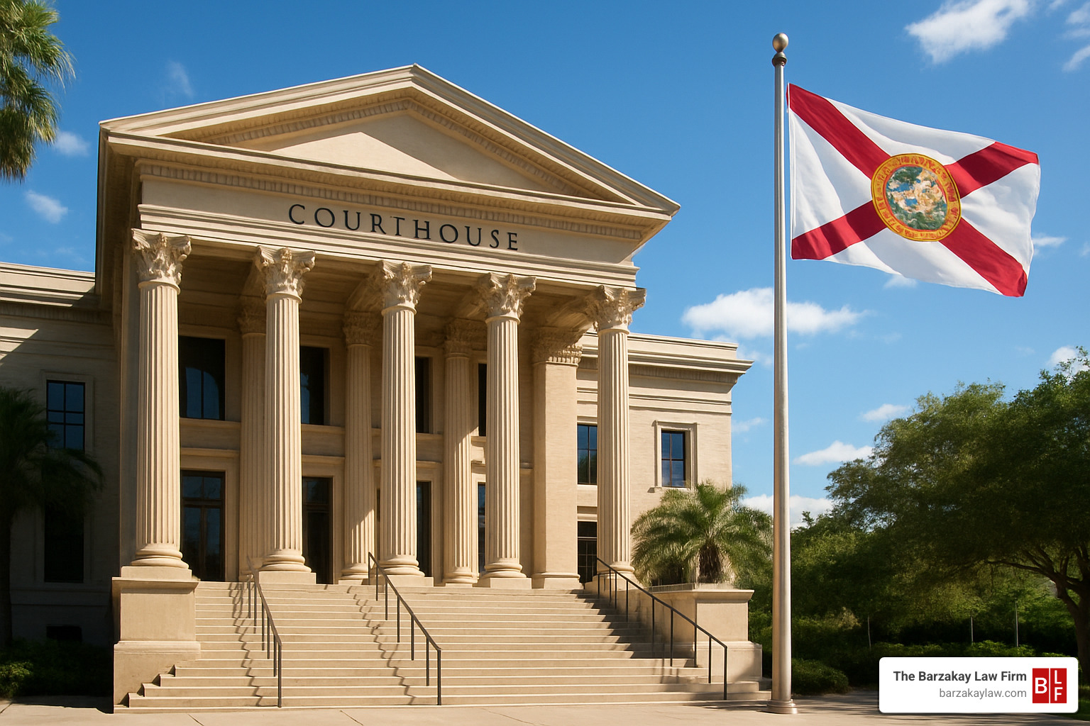 courthouse steps with Florida state flag - Boca Raton personal injury lawyer