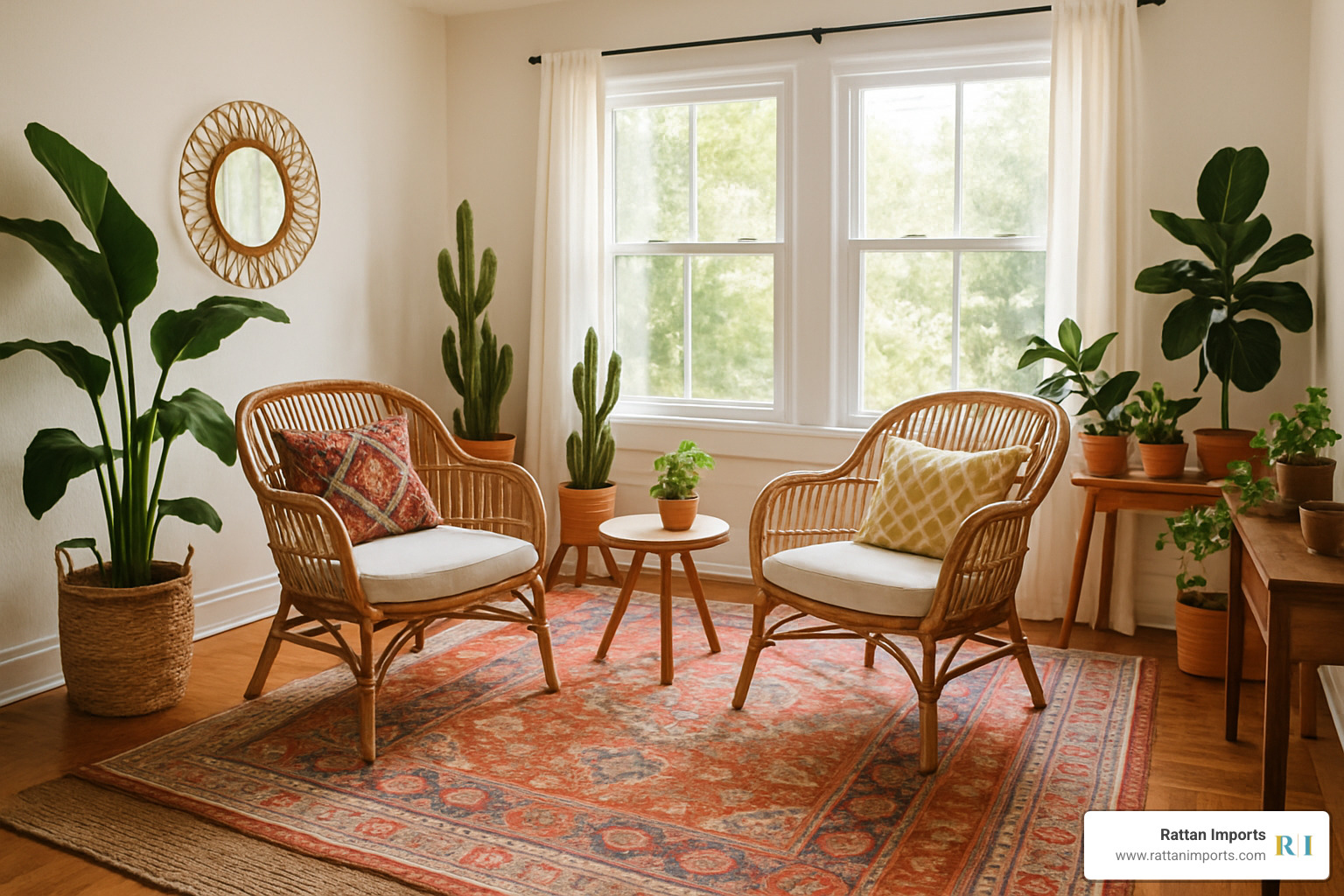 boho living room with twin wicker chairs - wicker accent chairs for living room
