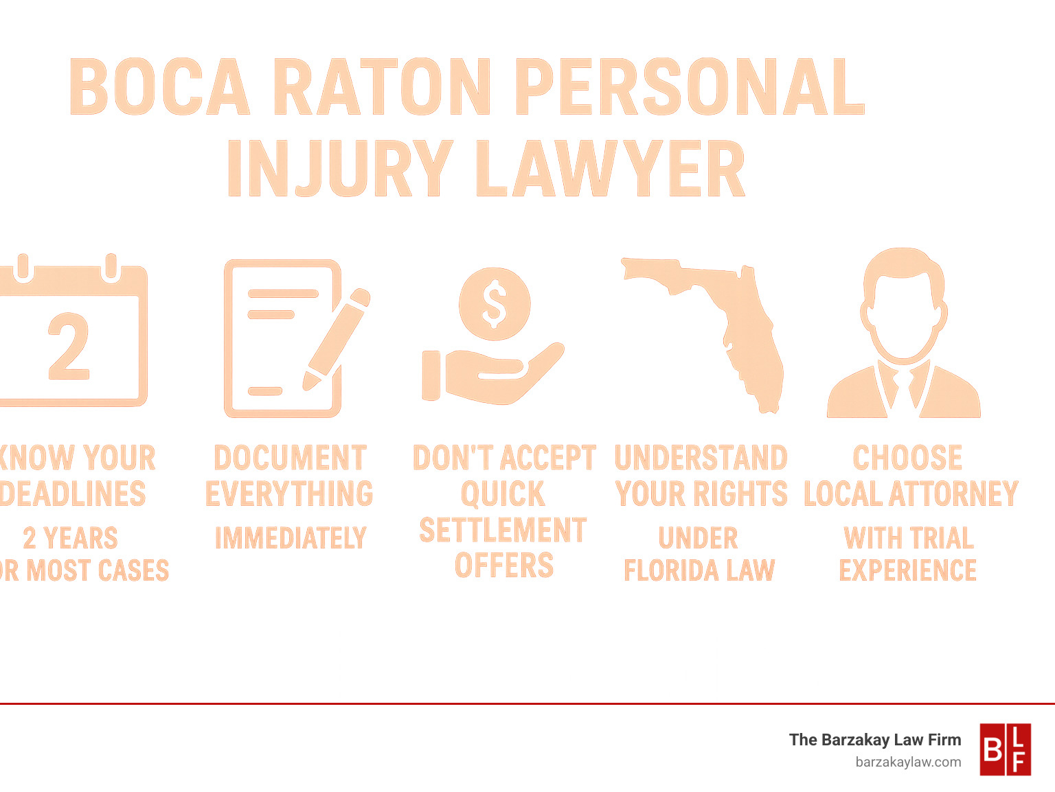 Infographic summarizing key takeaways: Know your deadlines (2 years for most cases), Document everything immediately, Don't accept quick settlement offers, Understand your rights under Florida law, Choose local attorney with trial experience - Boca Raton personal injury lawyer infographic 