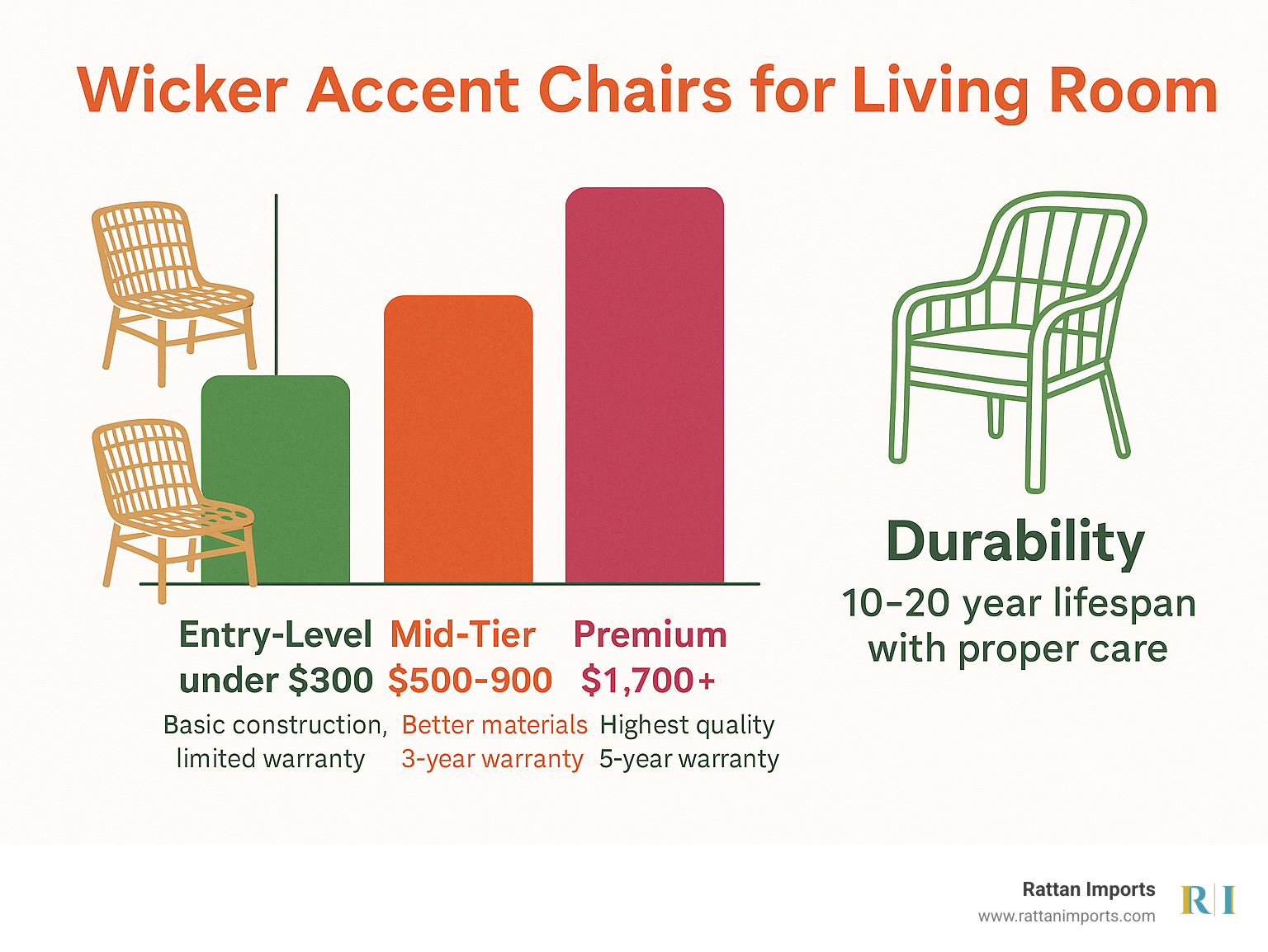 Statistical comparison showing price ranges for wicker accent chairs: Entry-level under $300 (basic construction, limited warranty), Mid-tier $500-900 (better materials, 3-year warranty), Premium $1,700+ (highest quality, 5-year warranty), plus durability statistics showing 10-20 year lifespan with proper care - wicker accent chairs for living room infographic 