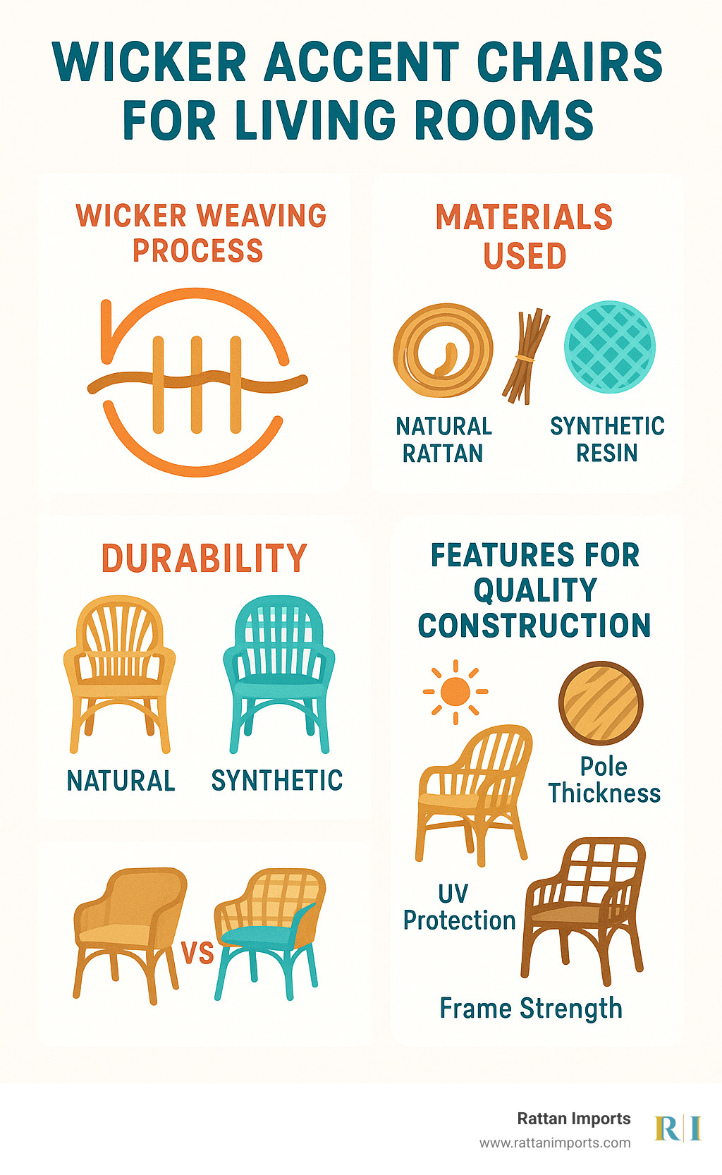 Infographic showing the wicker weaving process, types of materials used (natural rattan, willow, synthetic resin), durability comparison between natural vs synthetic options, and key features to look for in quality construction including pole thickness, UV protection, and frame strength - wicker accent chairs for living room infographic 