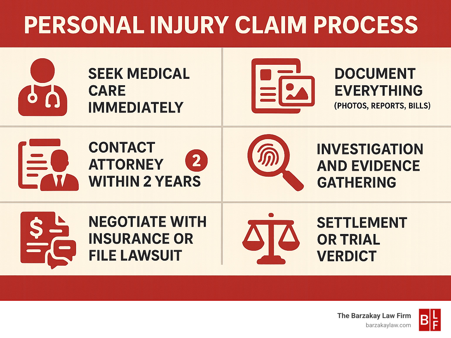 Infographic showing personal injury claim process: 1) Seek medical care immediately, 2) Document everything (photos, reports, bills), 3) Contact attorney within 2 years, 4) Investigation and evidence gathering, 5) Negotiate with insurance or file lawsuit, 6) Settlement or trial verdict - Boca Raton personal injury lawyer infographic 