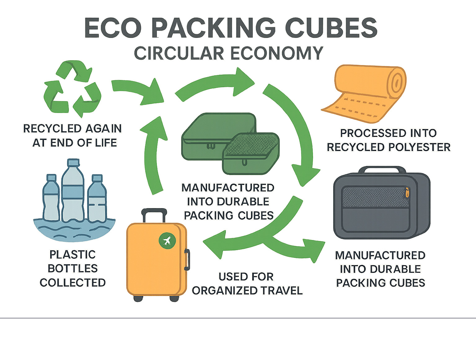 Infographic showing the circular economy of eco packing cubes: plastic bottles collected from oceans and landfills, processed into recycled polyester fabric, manufactured into durable packing cubes with compression zippers and mesh panels, used for organized travel, and eventually recycled again at end of life - Eco packing cubes infographic 