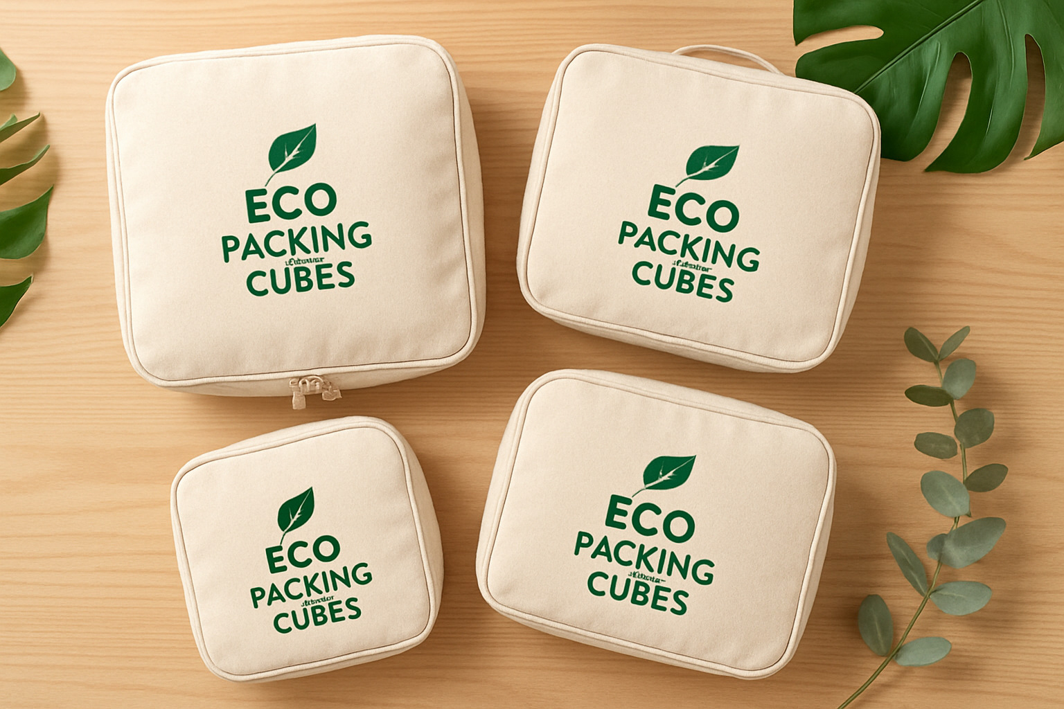 assorted eco packing cubes organized on bed - Eco packing cubes