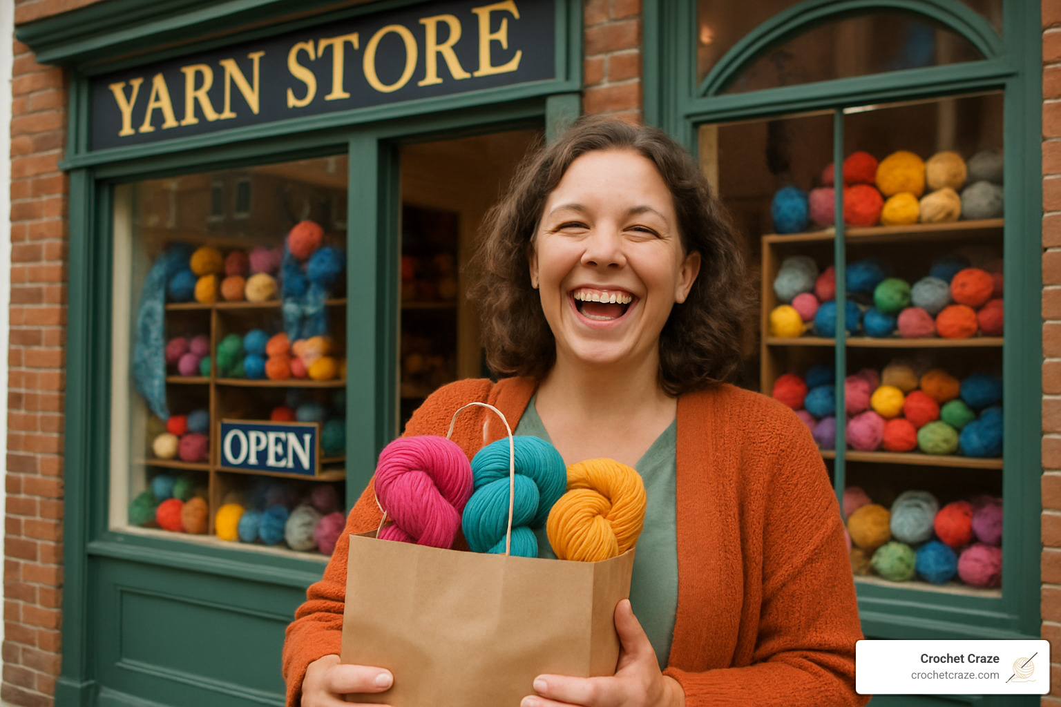 Happy crafter holding shopping bag filled with colorful yarn skeins outside a welcoming local yarn store - craft yarn store near me