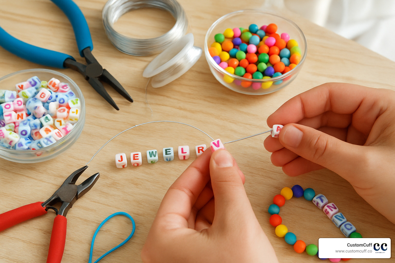 Hands stringing colorful alphabet beads onto jewelry wire with tools and materials spread on crafting table - beaded necklace with name
