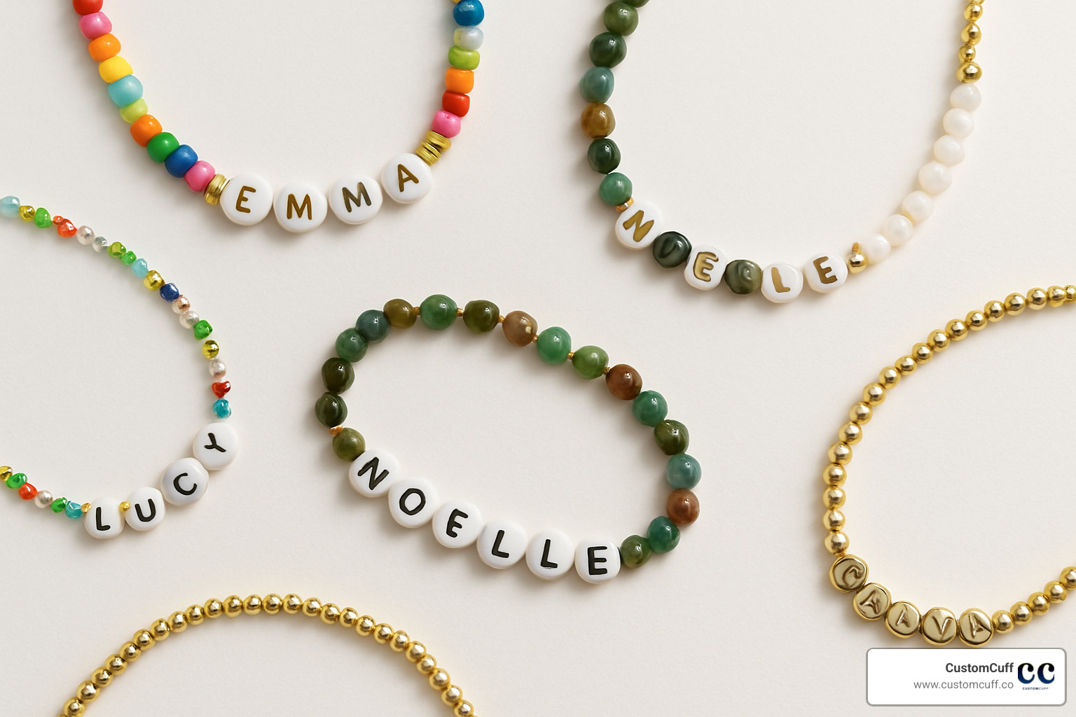 Top 5 beaded name necklaces displayed on white background showing different styles from kids rainbow beads to luxury mother-of-pearl options - beaded necklace with name