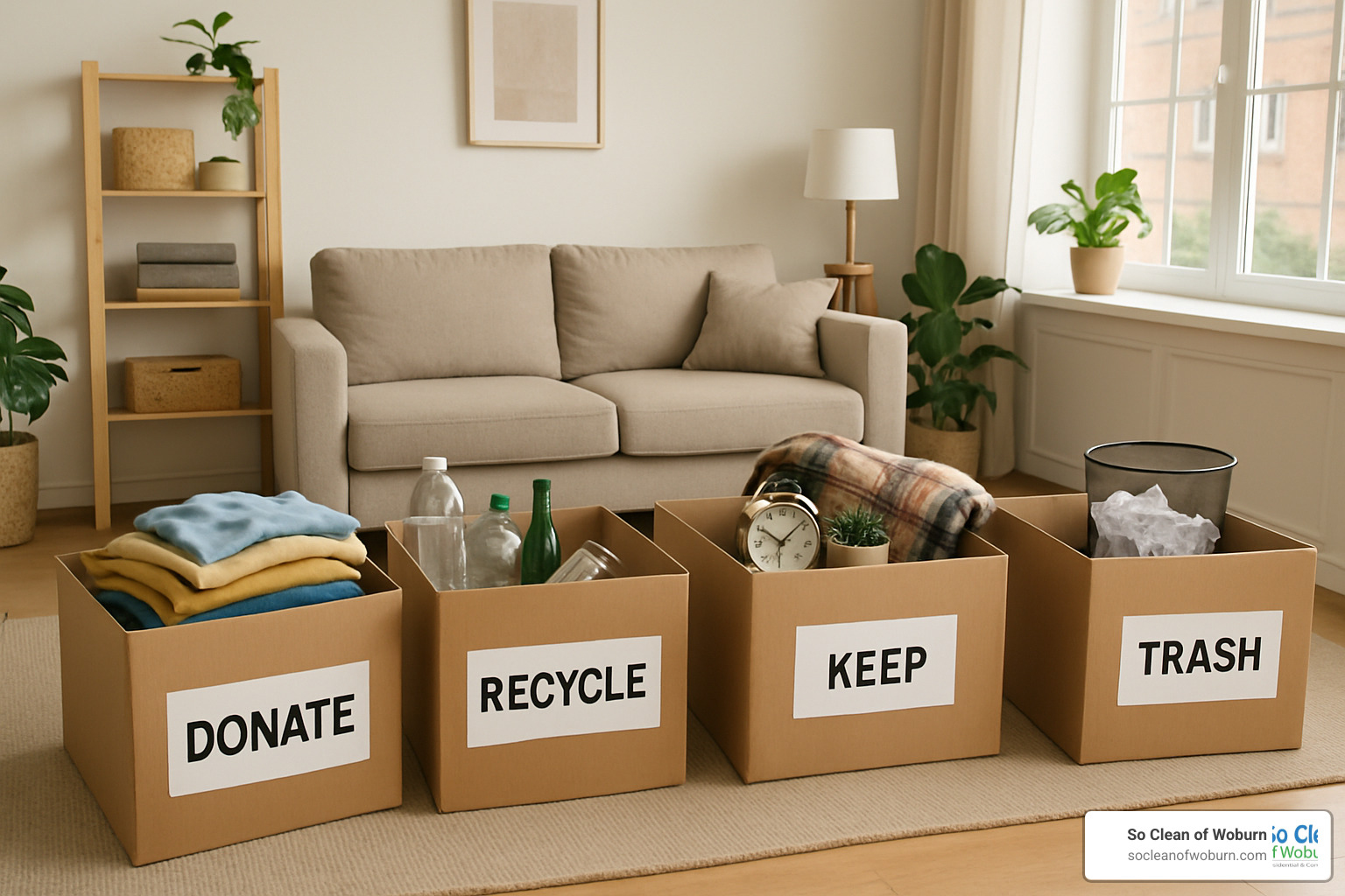 Organized sorting piles for apartment clean out - apartment clean outs