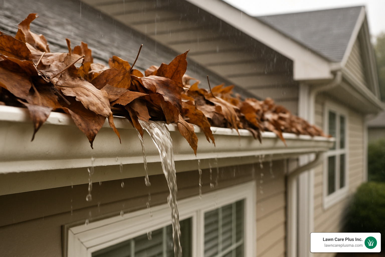 clogged gutters filled with leaves causing water overflow - brush and leaf removal near me
