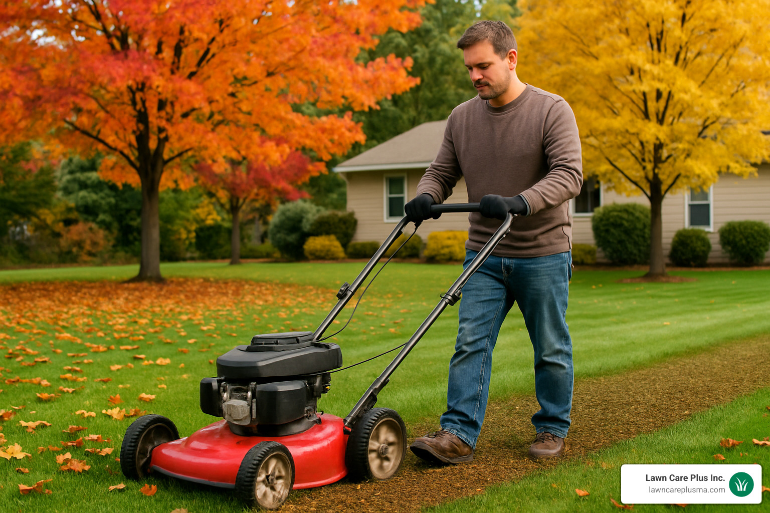 homeowner using a mulching mower to process fallen leaves on their lawn - brush and leaf removal near me