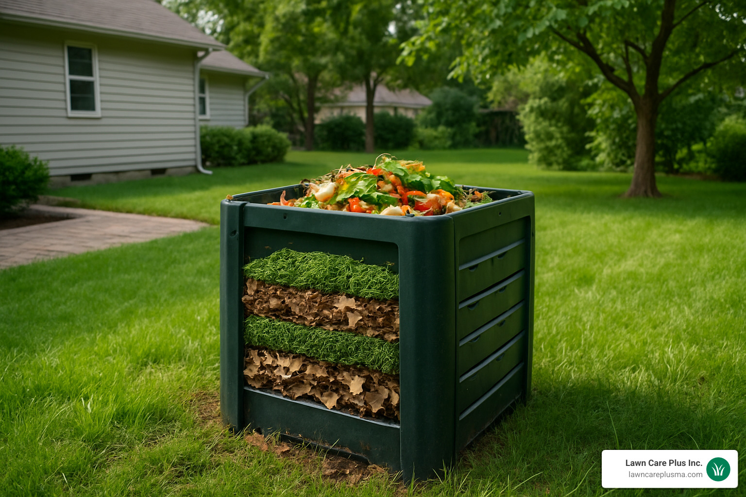 backyard compost bin with layers of leaves and organic matter - brush and leaf removal near me