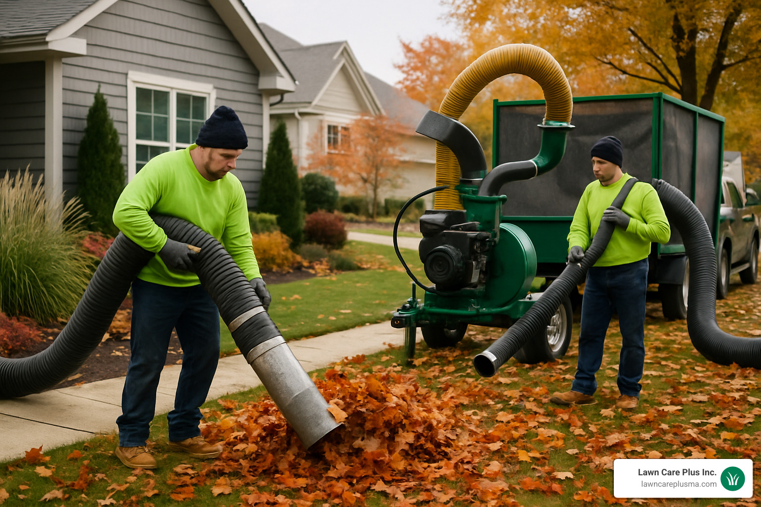 workers using professional leaf vacuum equipment to clear a residential yard - brush and leaf removal near me