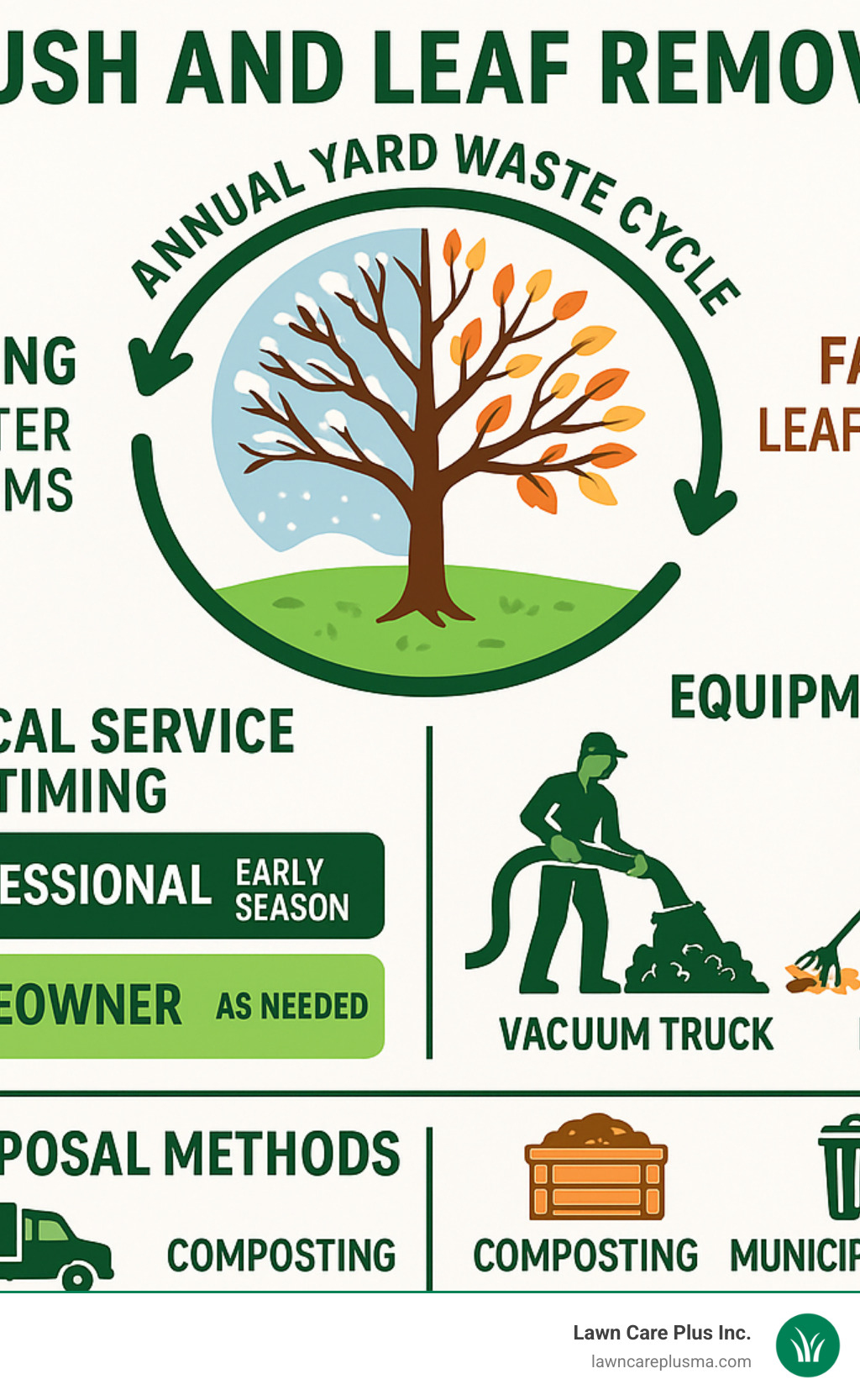 Infographic showing the annual yard waste cycle with peak debris seasons in spring after winter storms and fall during leaf drop, including typical service timing, equipment used by professionals versus homeowners, and disposal methods from composting to municipal pickup - brush and leaf removal near me infographic 