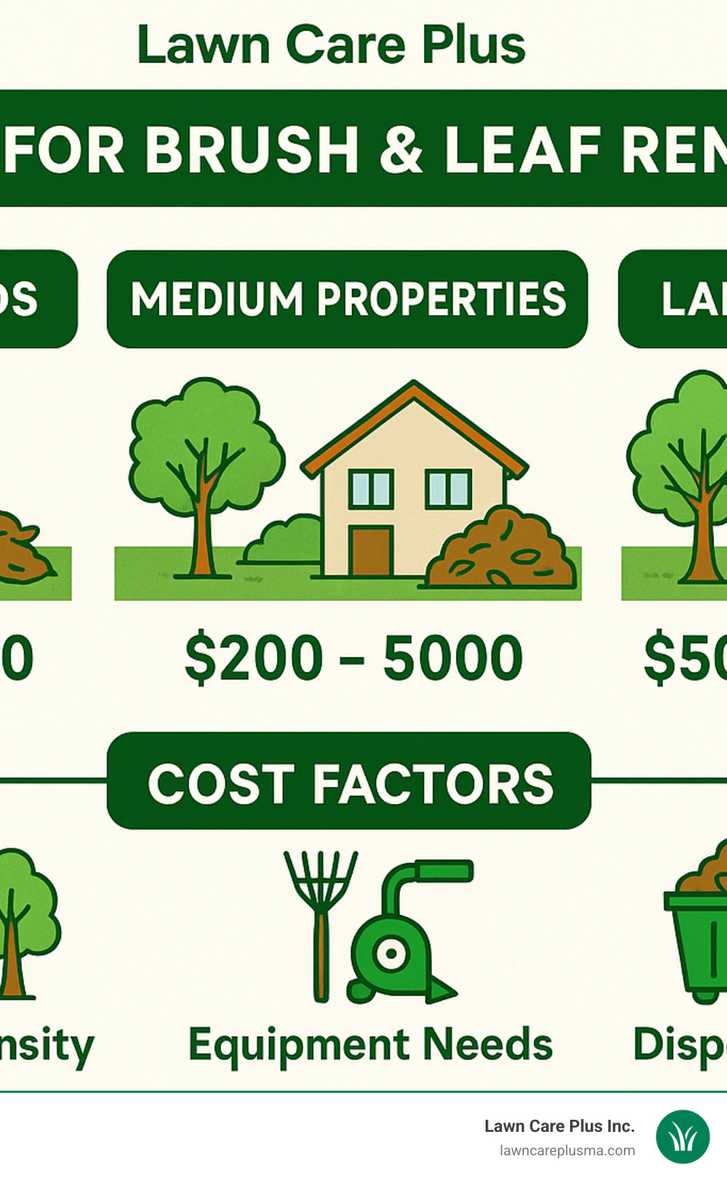 Infographic comparing costs for different property sizes: small yards ($65-200), medium properties ($200-500), and large estates ($500-1,500), showing factors like tree density, equipment needs, and disposal fees - brush and leaf removal near me infographic 