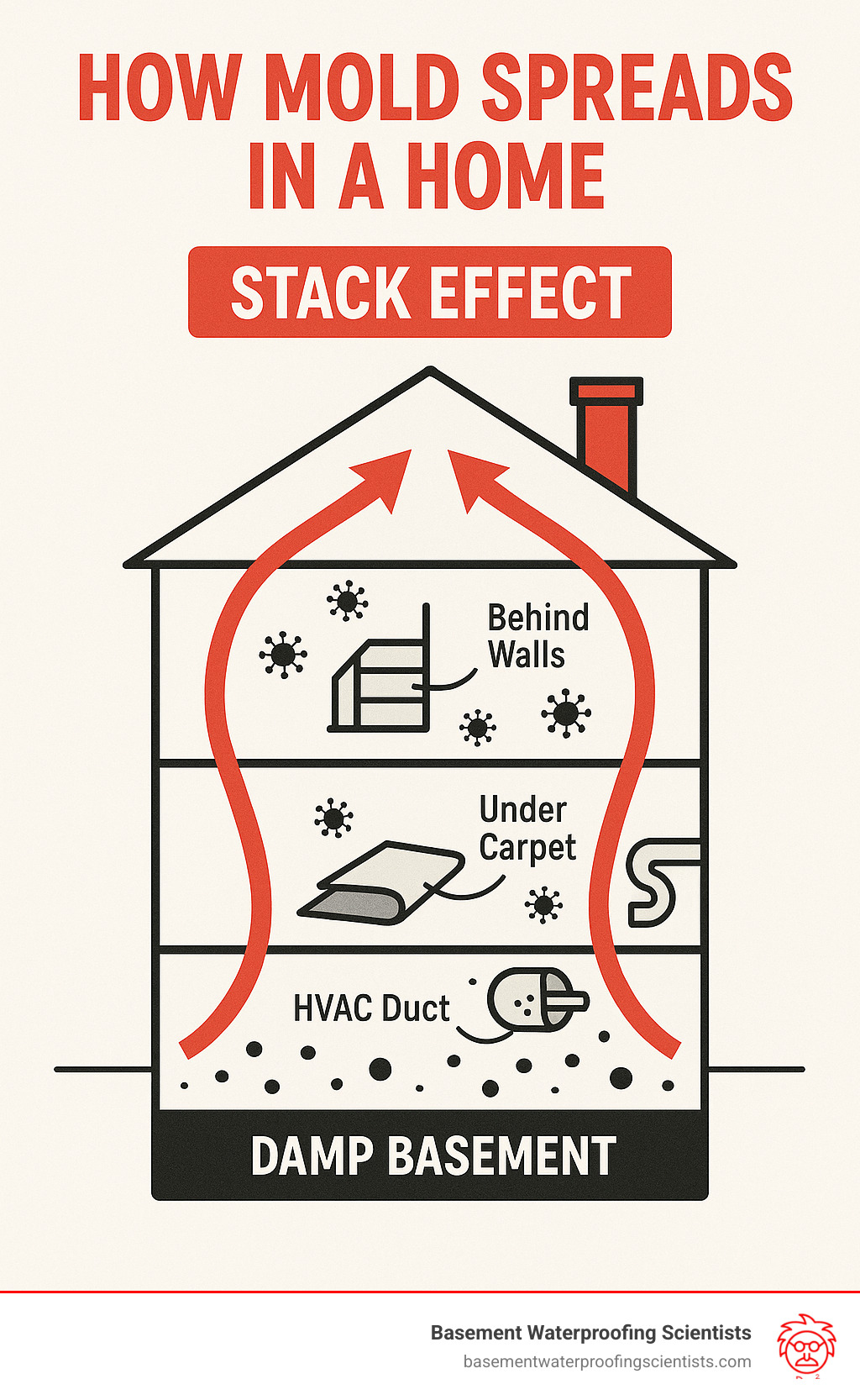 Infographic showing how mold spreads through a home via the stack effect, with spores moving from damp basements through air currents into living spaces, including arrows showing airflow patterns and common mold growth areas like behind walls, under carpets, and in HVAC ducts - best mold test infographic 