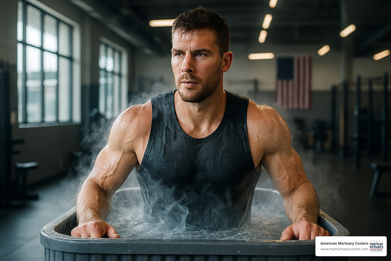 Professional athlete emerging from an ice bath plunge session with visible steam rising from the cold water, showing the therapeutic cooling process in action - body chiller
