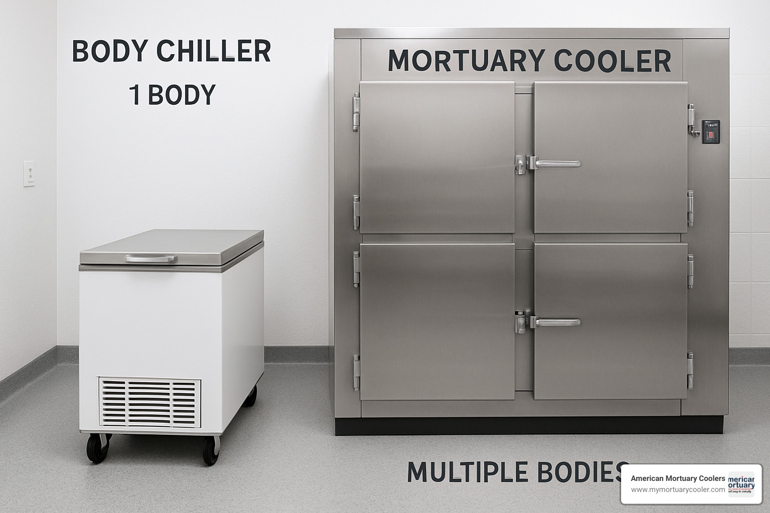 Side-by-side comparison showing a compact portable body chiller unit next to a large walk-in mortuary cooler, highlighting size differences, capacity specifications, and typical use scenarios - body chiller