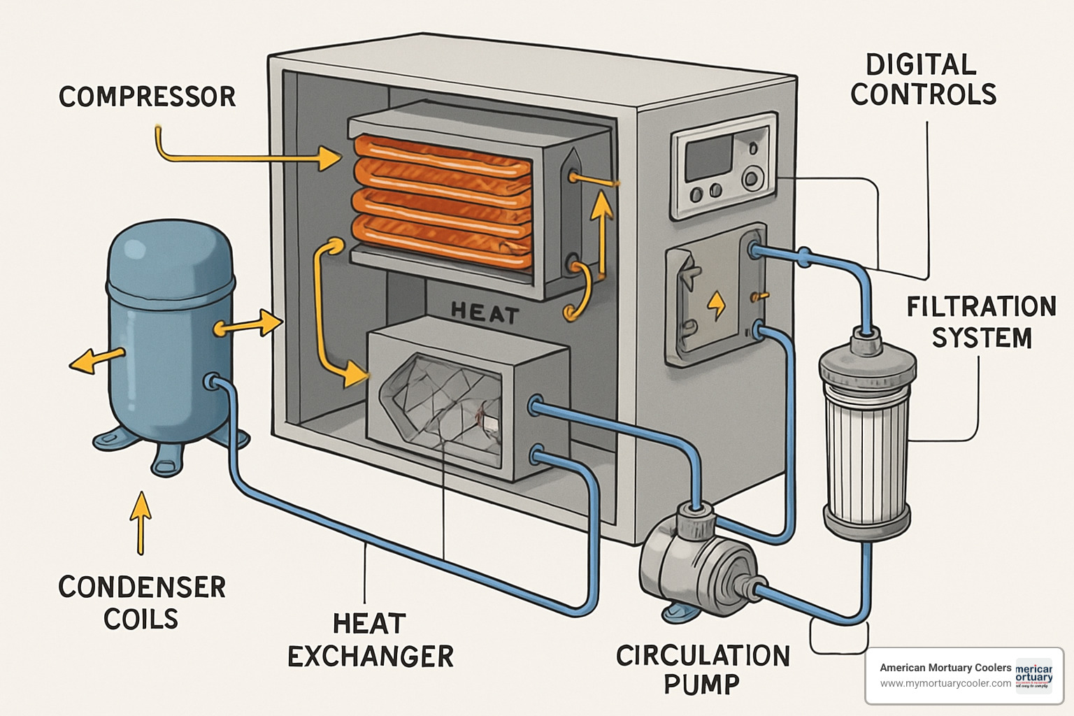Detailed exploded diagram showing chiller internals including compressor, condenser coils, circulation pump, heat exchanger, digital controls, and filtration system with labeled components and flow directions - body chiller