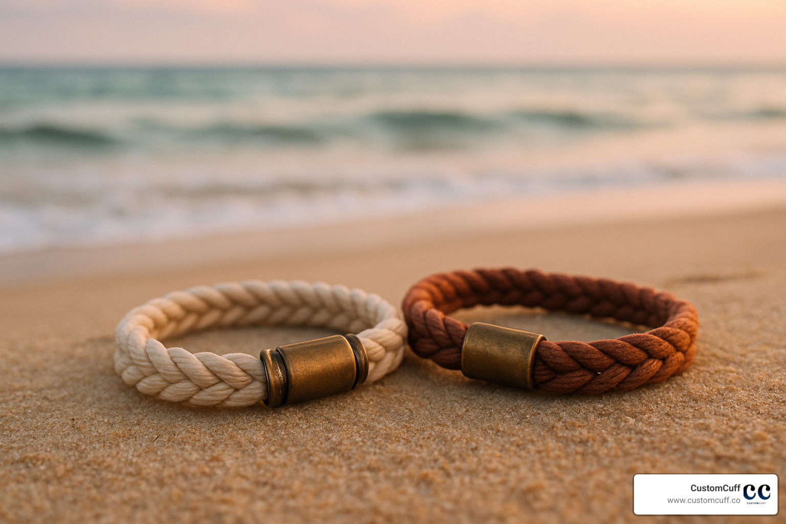 Rope-style couple bracelets photographed on sandy beach with ocean waves in background - id partner bracelets with engraving