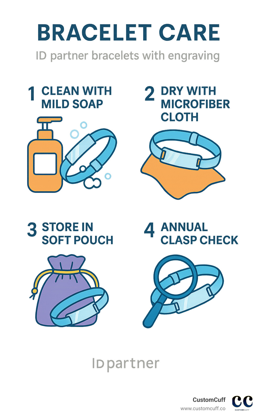 Infographic showing proper bracelet care steps: clean with mild soap, dry with microfiber cloth, store in soft pouch, annual clasp check - id partner bracelets with engraving infographic 