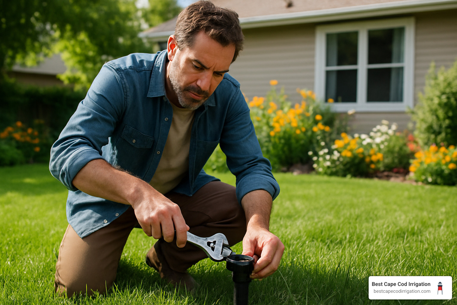 homeowner fixing a sprinkler head in garden - Automatic sprinkler system repair