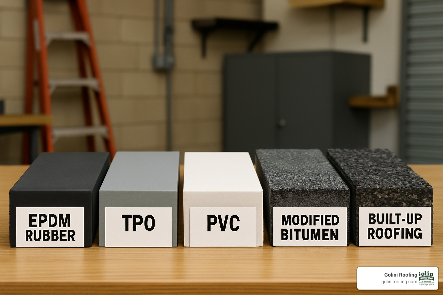 different flat roofing materials displayed side by side - flat roofing lynnfield ma