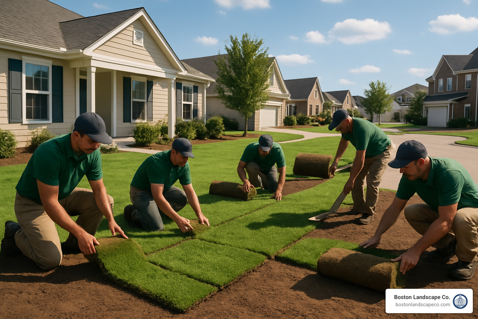 professional lawn installation crew laying sod - Lawn installation near me