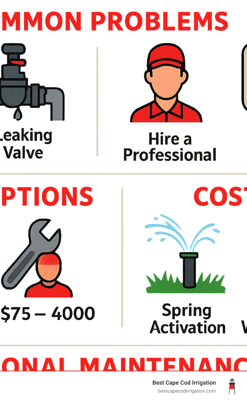 Automatic sprinkler system repair process showing common problems, repair options, costs, and seasonal maintenance schedule with detailed illustrations of sprinkler components - Automatic sprinkler system repair infographic 