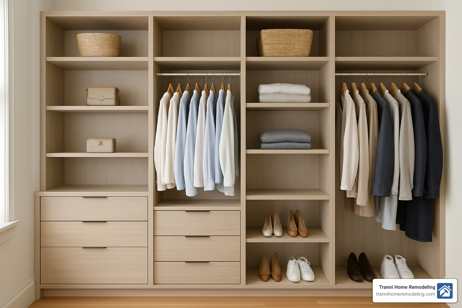 custom closet with drawers and hanging space - closet remodel contractors