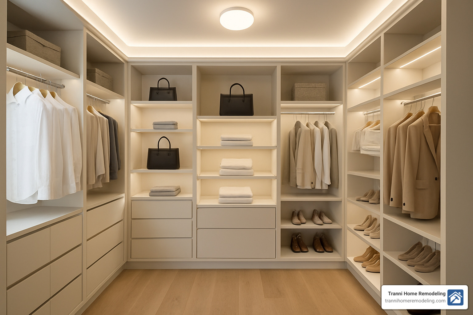 custom walk in closet with built in lighting - closet remodel contractors