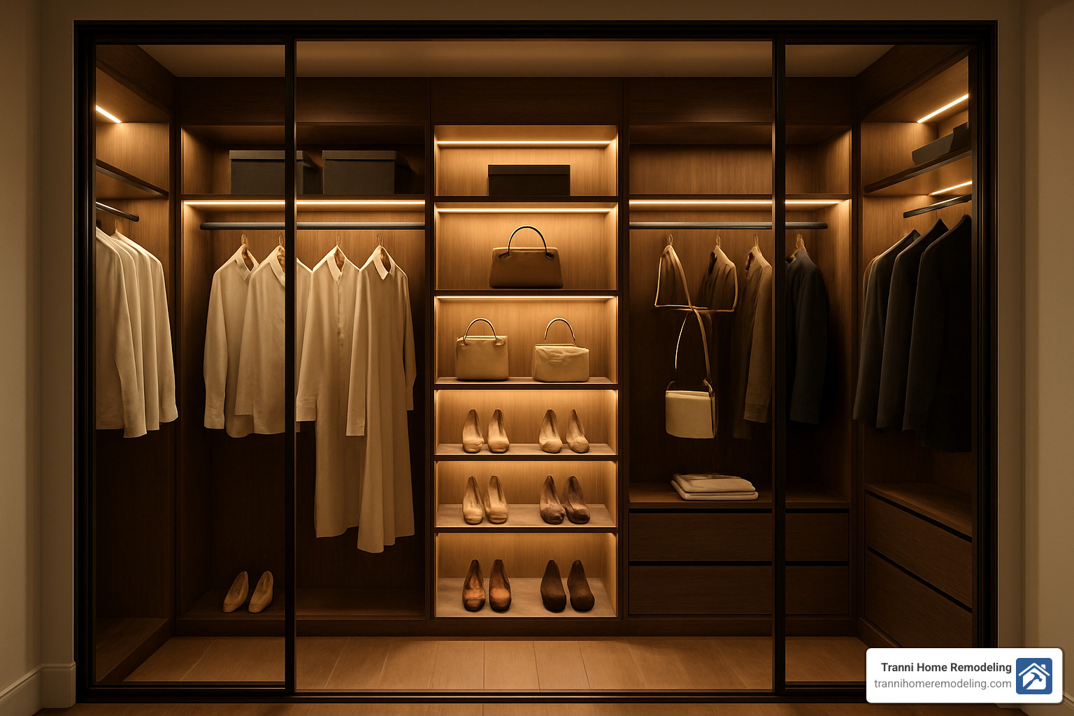 LED lit closet with glass doors - closet remodel contractors