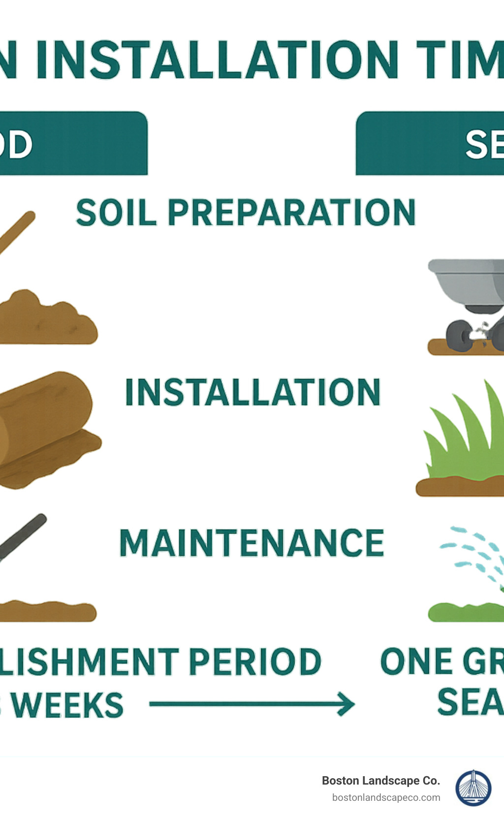 Lawn installation timeline showing comparison between sod and seed establishment periods, with soil preparation steps, installation process, and maintenance requirements for each method - Lawn installation near me infographic 