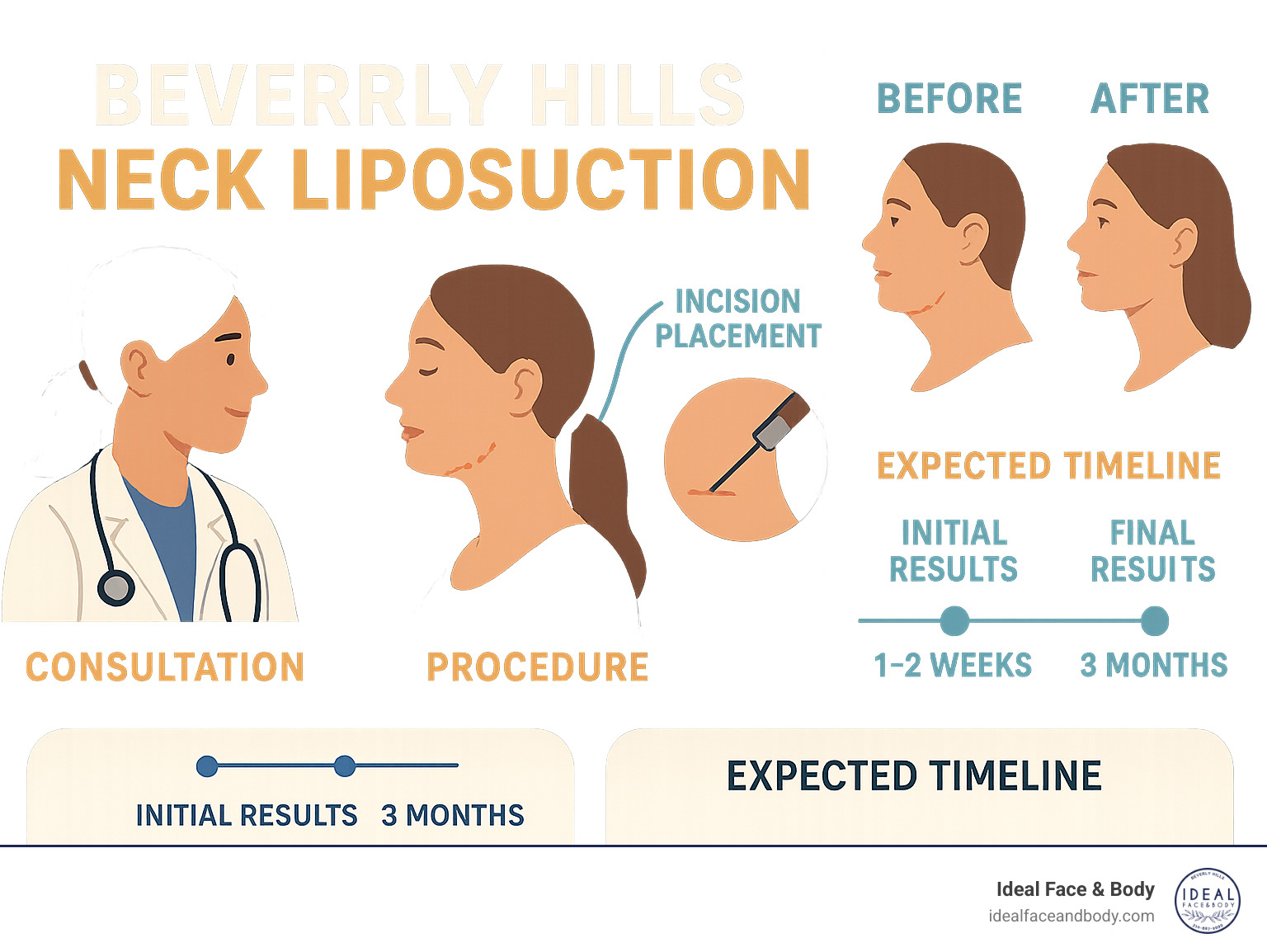Comprehensive diagram showing Beverly Hills neck liposuction procedure steps from consultation through recovery, including before/after examples, incision placement, and expected timeline - beverly hills neck liposuction infographic 